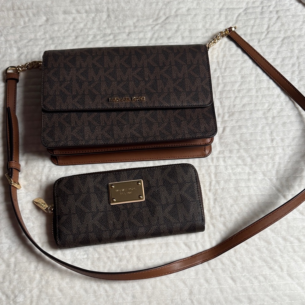 Michael Kors Dark Brown Monogram Crossbody and Wallet